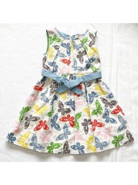 Mini Boden Linen Cotton Girls Butterfly Print Sleeveless Dress Bow Belt Size 2-3